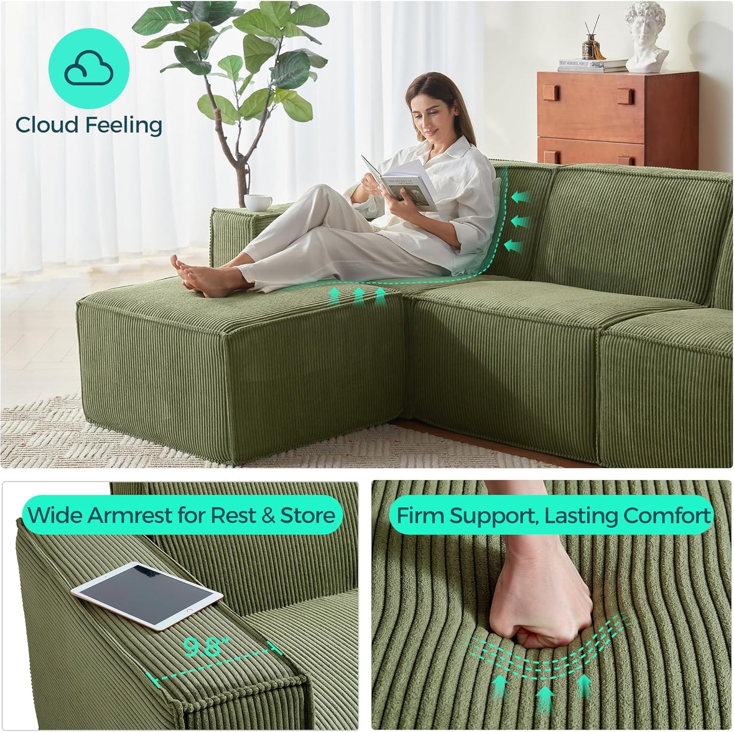 LINSY HOME Modular Sectional Sofa, 105" Boneless Couch U Shaped 3-Seat Sofa with 2 Ottomans