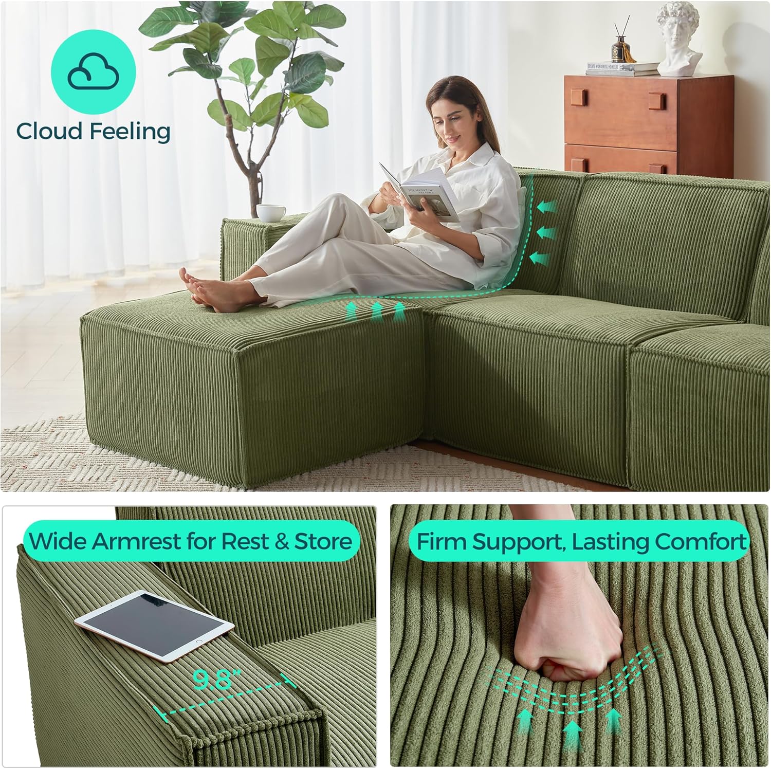 LINSY HOME Modular Sectional Sofa, 105" Boneless Couch U Shaped 3-Seat Sofa with 2 Ottomans