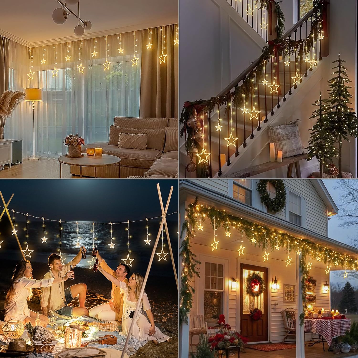 126L Warm White Star Icicle Lights, 8.2FT Clear Curtain Fairy String with Connectable, Timer 8