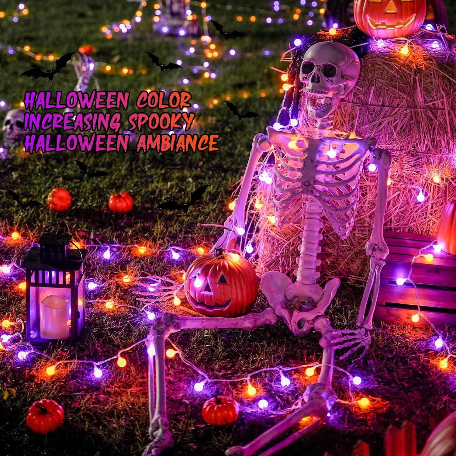 JMEXSUSS 100 LED Orange and Purple Halloween Lights Indoor, Connectable Globe String Lights Plug in