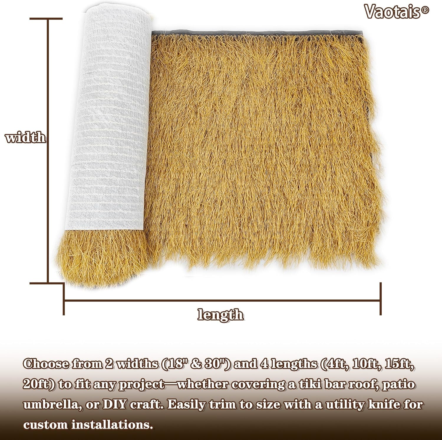 Realistic Synthetic Thatch Roll Sun-Bleached Yellow - 18 & 30 Inch Widths - Reinforced Weave for