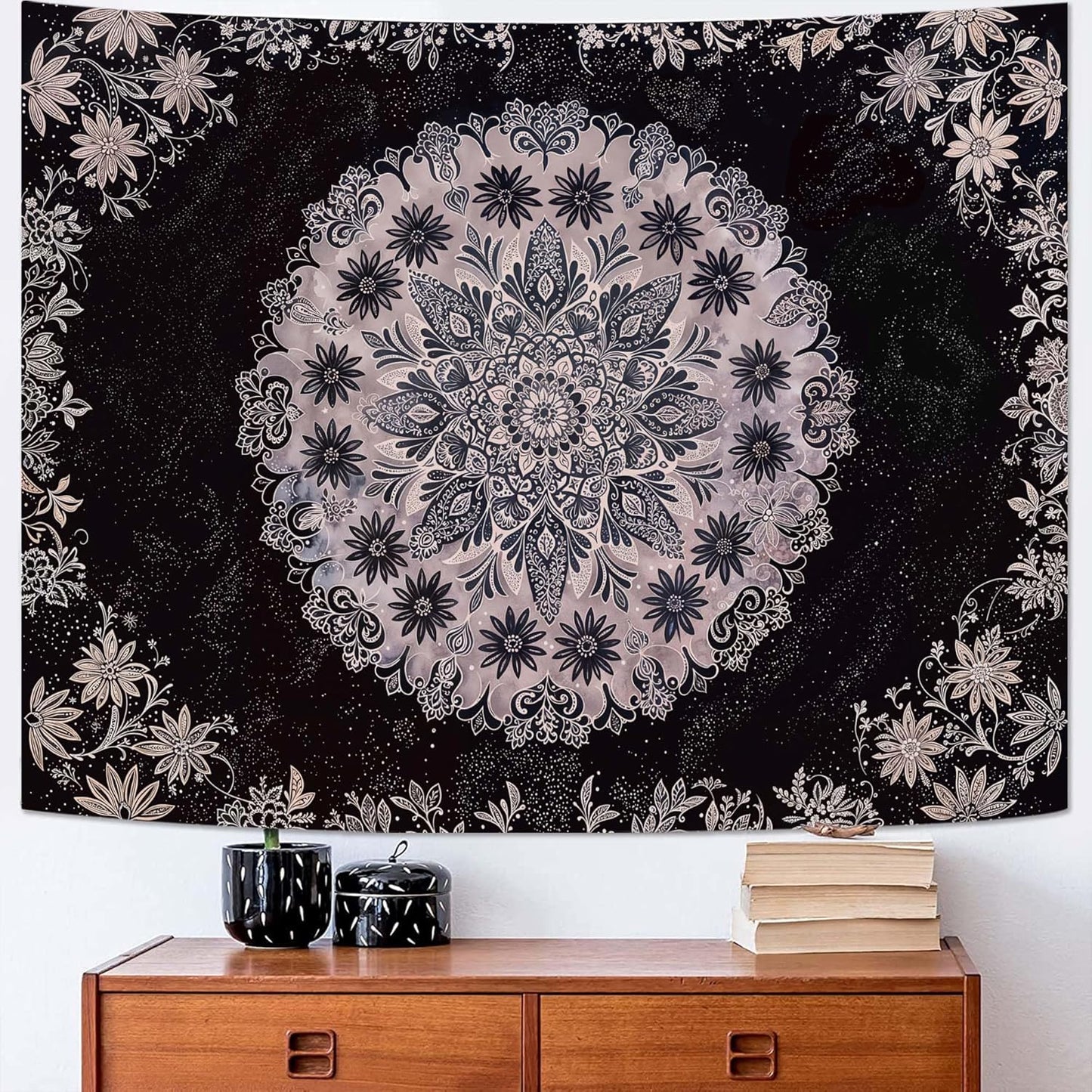 Fowocu Boho Floral Mandala Tapestry Wall Hanging Grey Bohemian Flower Medallion Tapestry Aesthetic