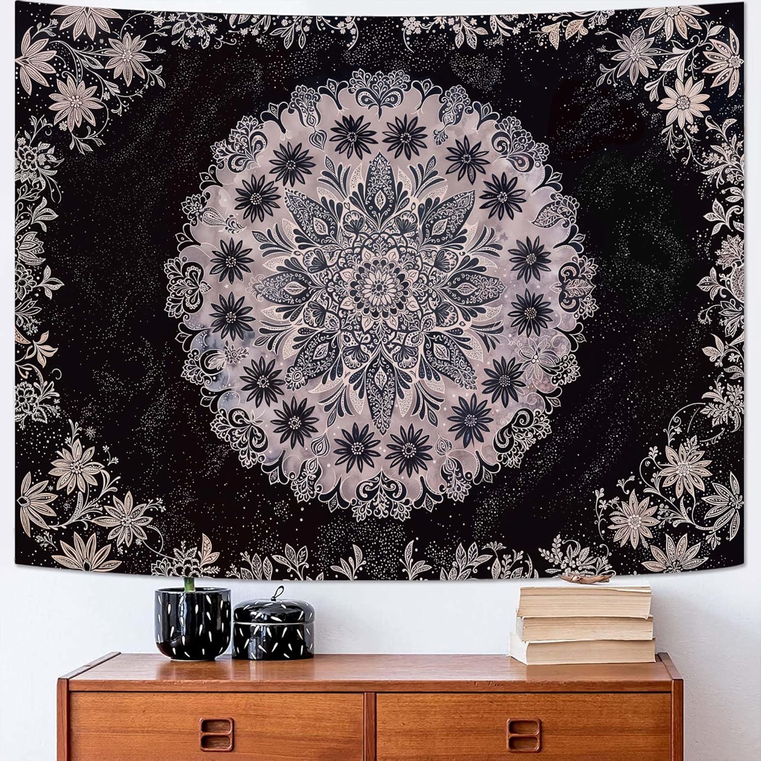 Fowocu Boho Floral Mandala Tapestry Wall Hanging Grey Bohemian Flower Medallion Tapestry Aesthetic