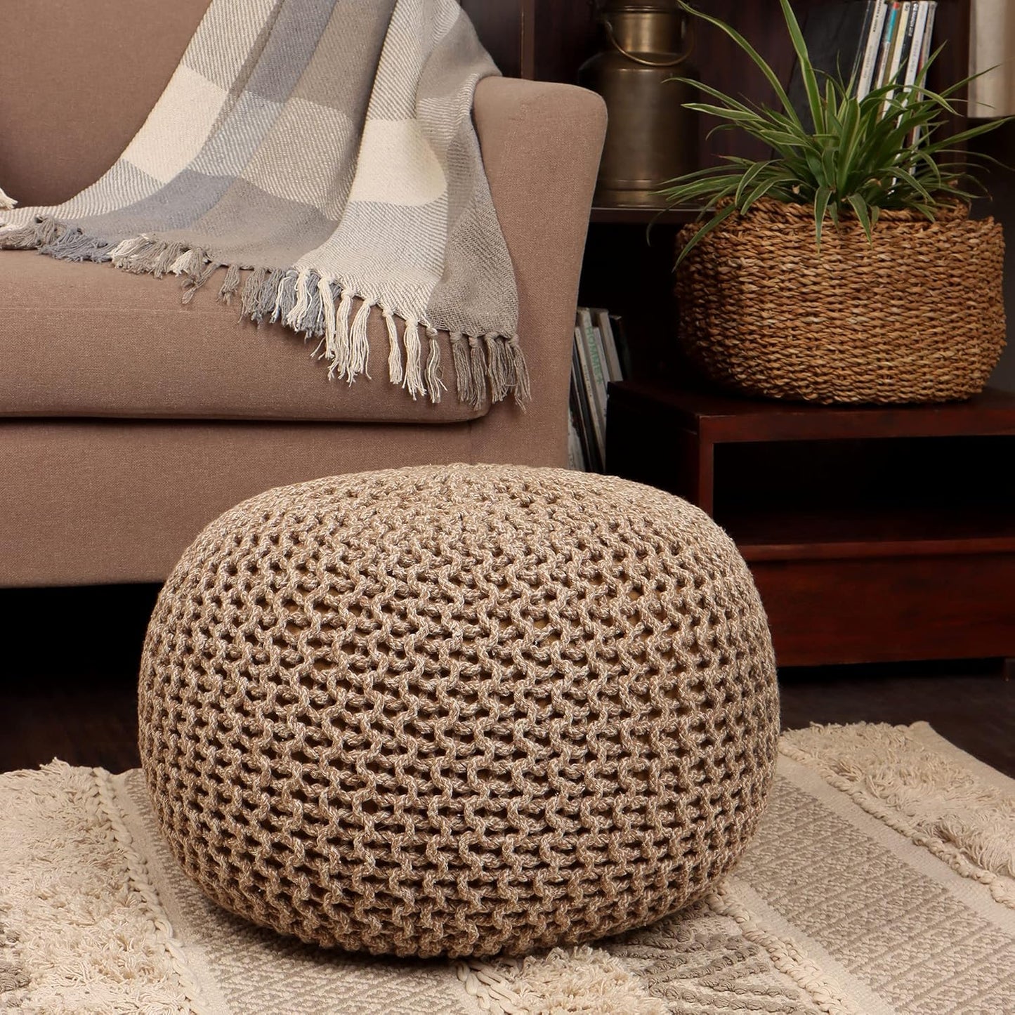 REDEARTH Round Pouf Ottoman - Hand Knitted Cable Boho Poof Home Décor Pouffe Circular Footrest for
