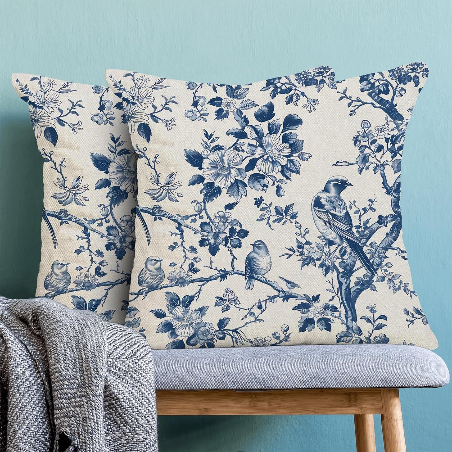 Navy Blue Spring Floral Pillow Covers 16 x 16 Inch Set of 2 for Vintage Chinoiserie Flowers Bird