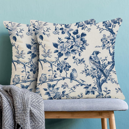Navy Blue Spring Floral Pillow Covers 16 x 16 Inch Set of 2 for Vintage Chinoiserie Flowers Bird