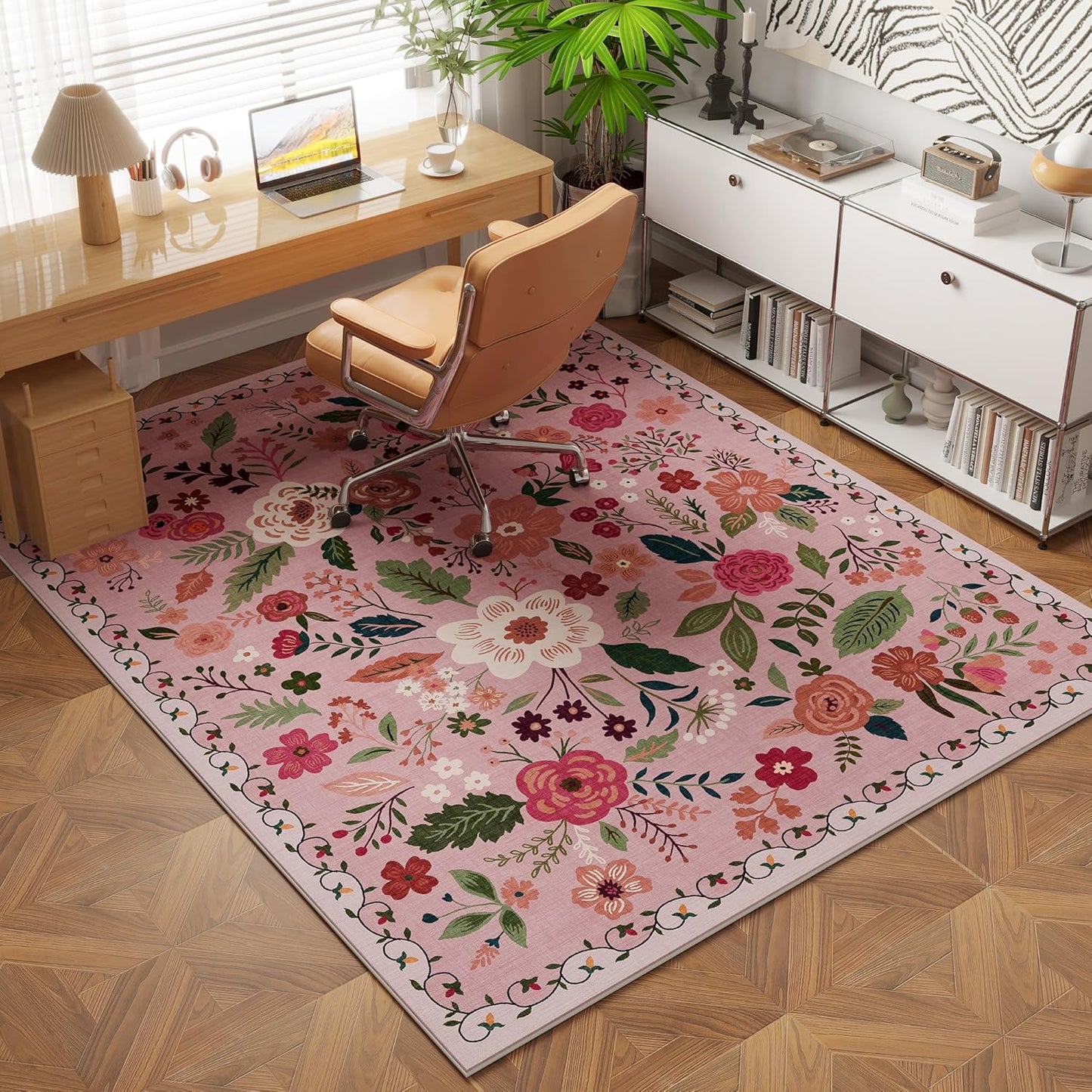 Bedroom Rug 3x5 Rug Washable Area Rug Non Slip Low Pile Boho Floral Small Carpet for Bedroom