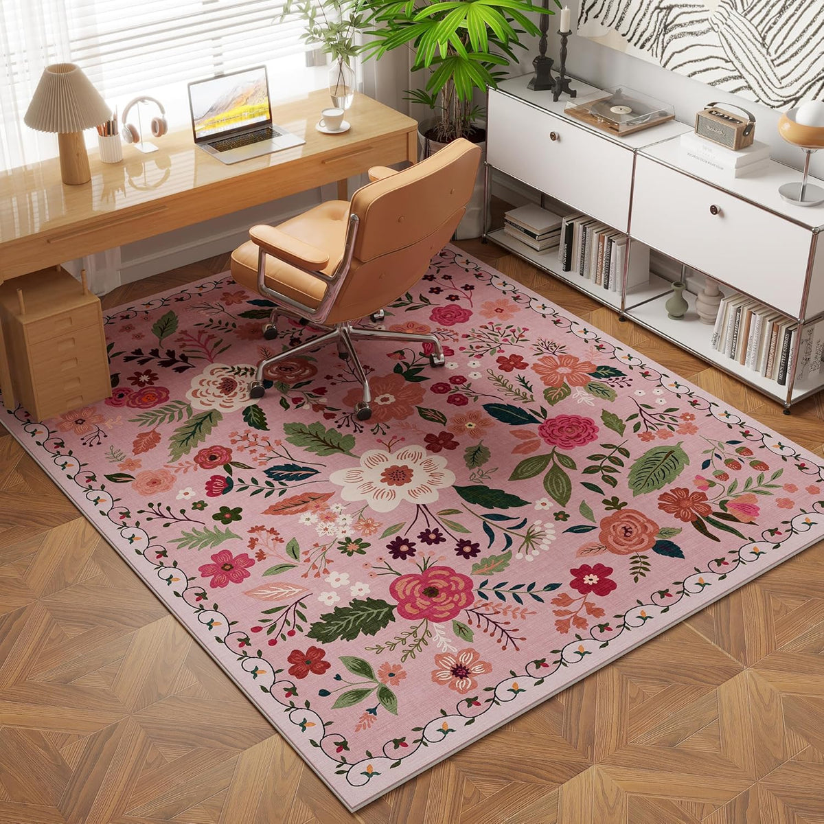 Area Rug 4x6 Rug Washable Boho Rugs Non Slip Low Pile Floral Small Carpet for Bedroom, Bedside