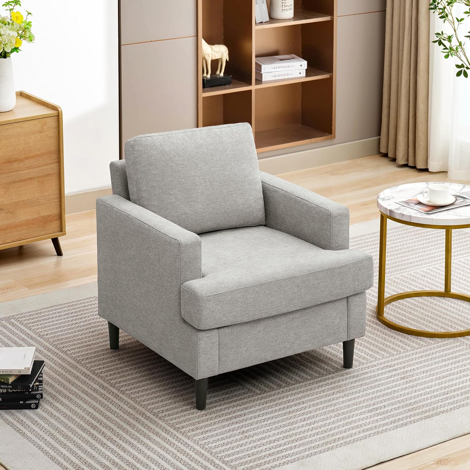 Mid-Century Accent Chair,Modern Linen Fabric Armchair for Living Room,Comfy Upholstered Reading