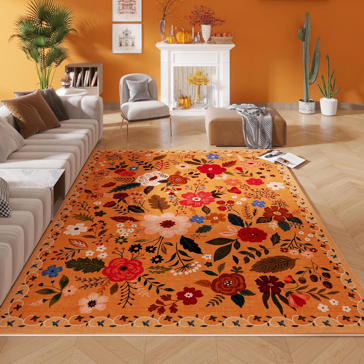 Living Room Rug 5x7 Rug Machine Washable Boho Area Rug Non Slip Floral Vintage Low Pile Large Rugs
