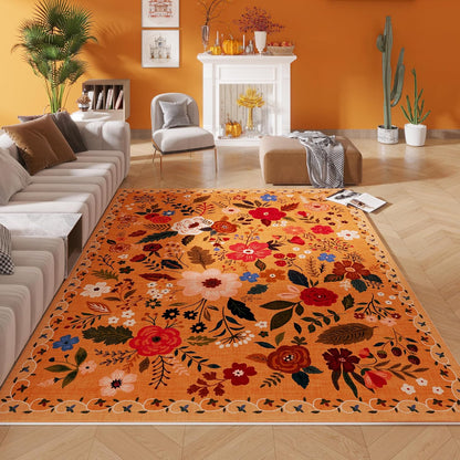 Living Room Rug 5x7 Rug Machine Washable Boho Area Rug Non Slip Floral Vintage Low Pile Large Rugs