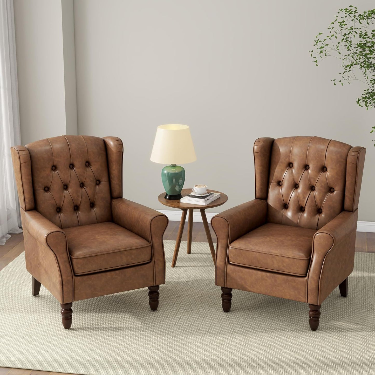 Accent Chair, Upholstered Armchair with Button Tufted High Back & Solid Wood Legs, Comfy Wingback