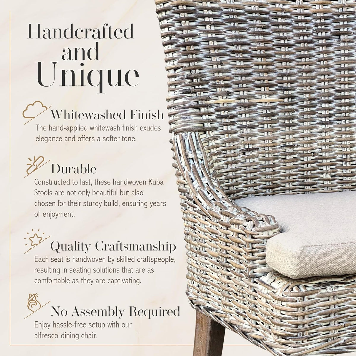 Alfresco Kuba-Weave Wicker Dining Chair, Patio Seating, Savannah Wash, 21.5 Inches x 24 Inches x 36