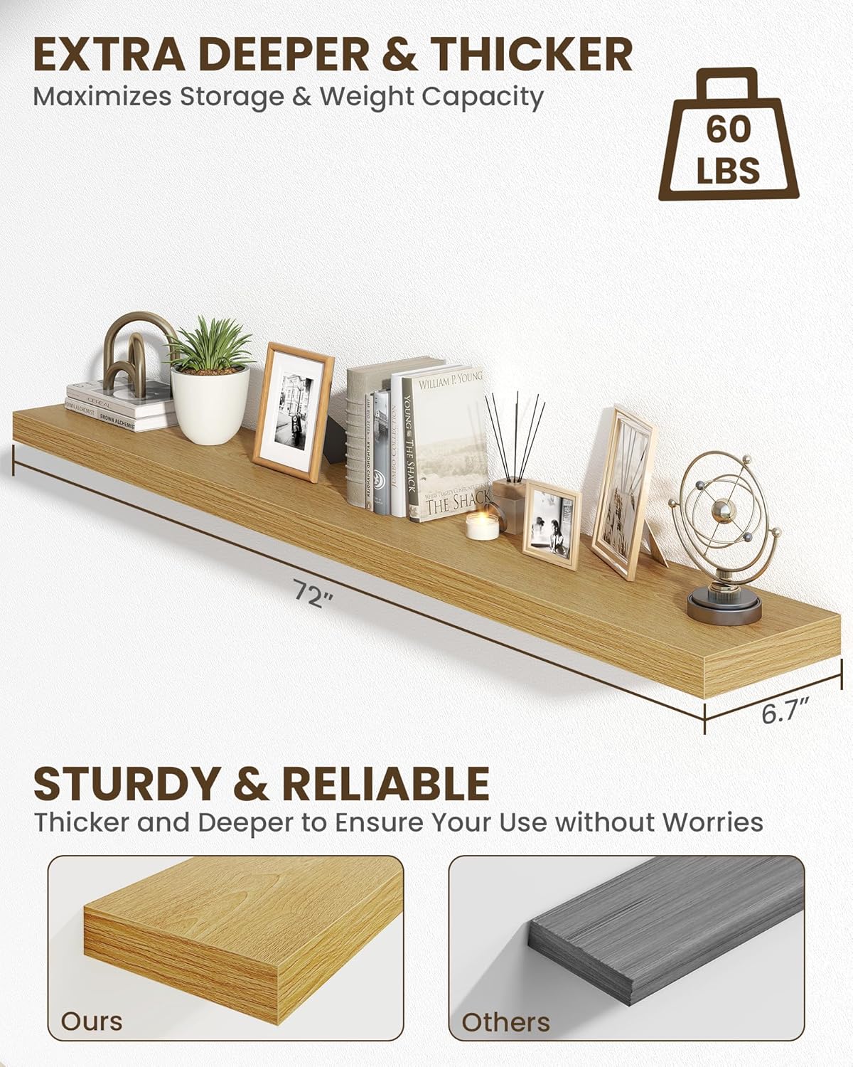 Marsmiles 72" Floating Shelves for Wall, Wooden Shelves with Invisible Brackets Set of 2, Rustic