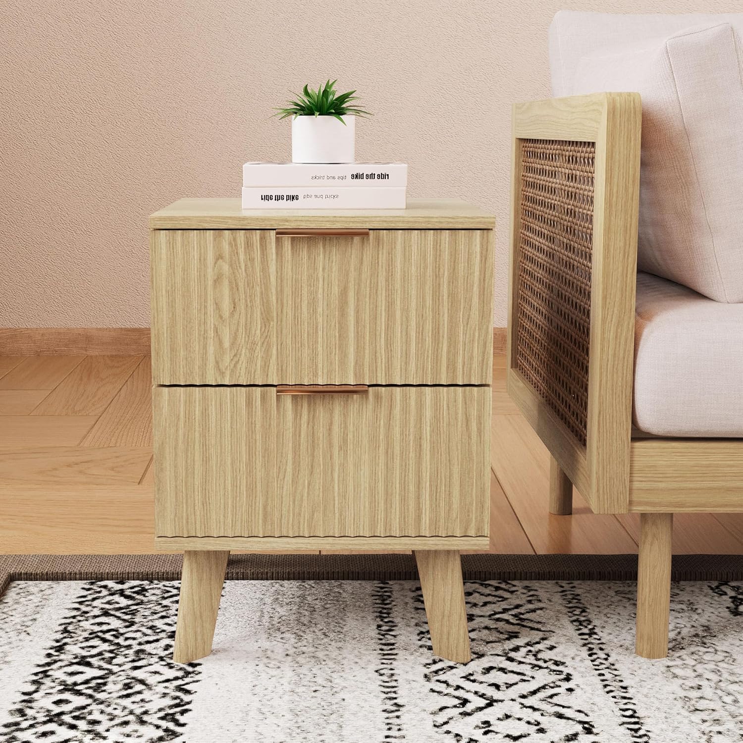 Fluted Nightstand, Mid Century Modern 2 Drawer Bedside Table for Bedroom, Small Dresser Night Stand
