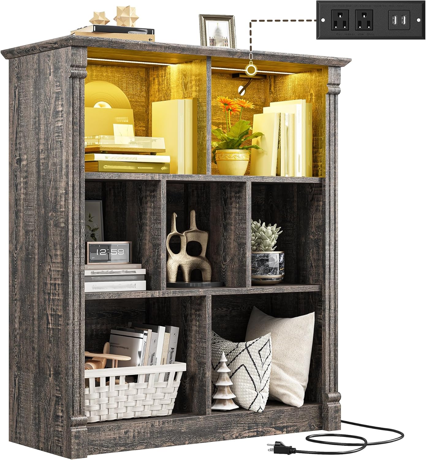 EnHomee 7 Cube Bookshelf Cubby Storage Organizer with LED Lights and Charging Station, Wood Shelf