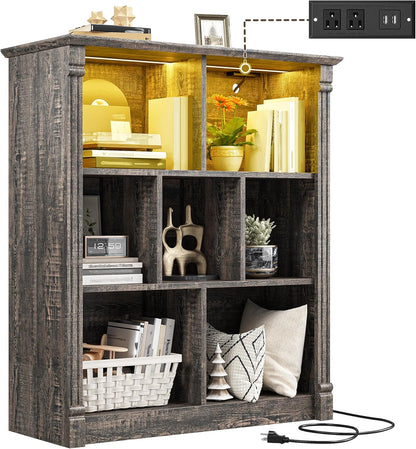EnHomee 7 Cube Bookshelf Cubby Storage Organizer with LED Lights and Charging Station, Wood Shelf