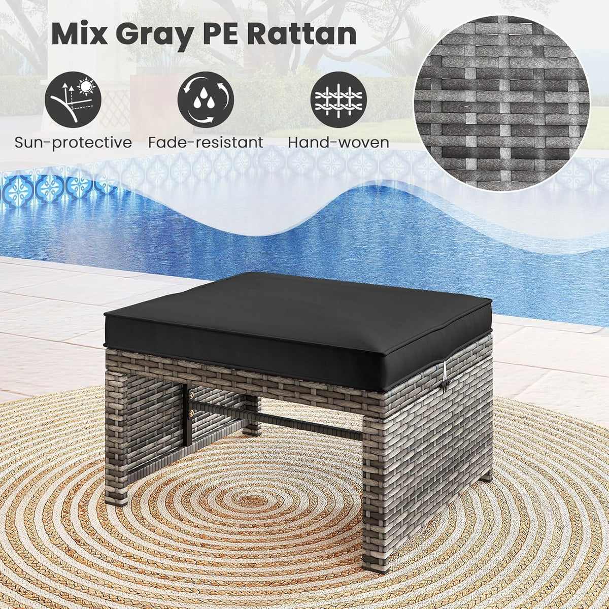 Tangkula 2 Pieces Patio PE Rattan Ottomans, Multipurpose Outdoor Footstool Footrest Additional