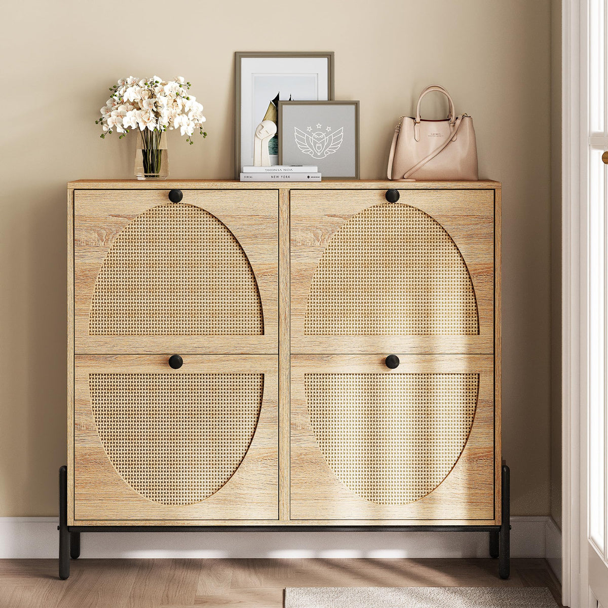 IRONCK Rattan Shoe Cabinet Storage with 4 Flip Drawers, Oak