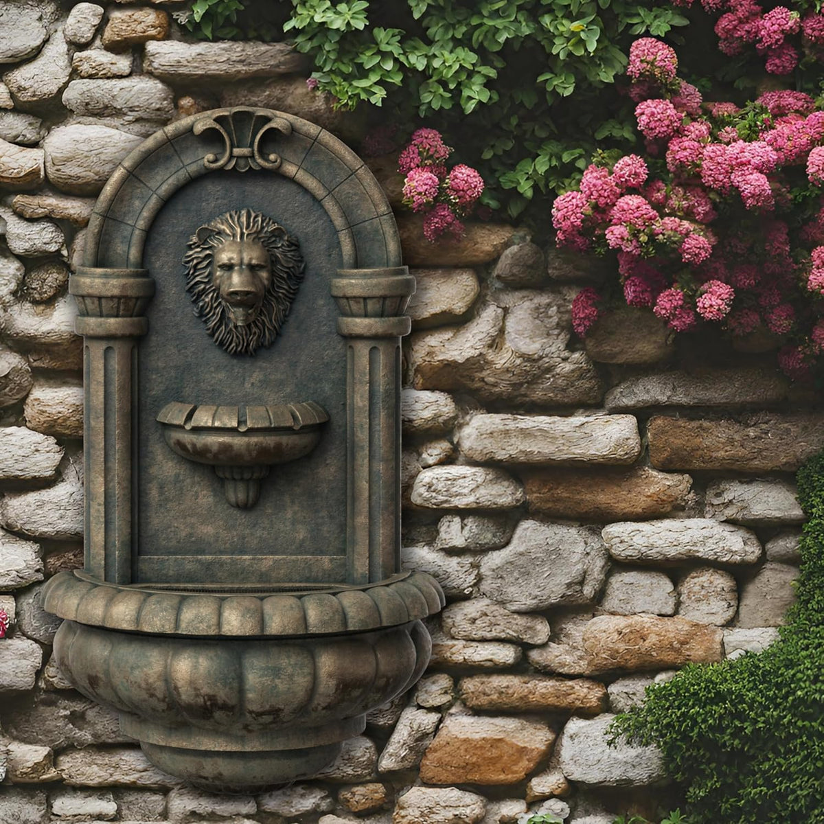 Teamson Home 32.1 in. Wall-Mounted Lion Head Stone LED Outdoor Water Fountain for Gardens