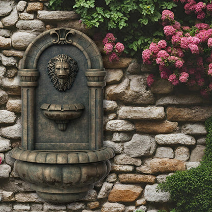 Teamson Home 32.1 in. Wall-Mounted Lion Head Stone LED Outdoor Water Fountain for Gardens
