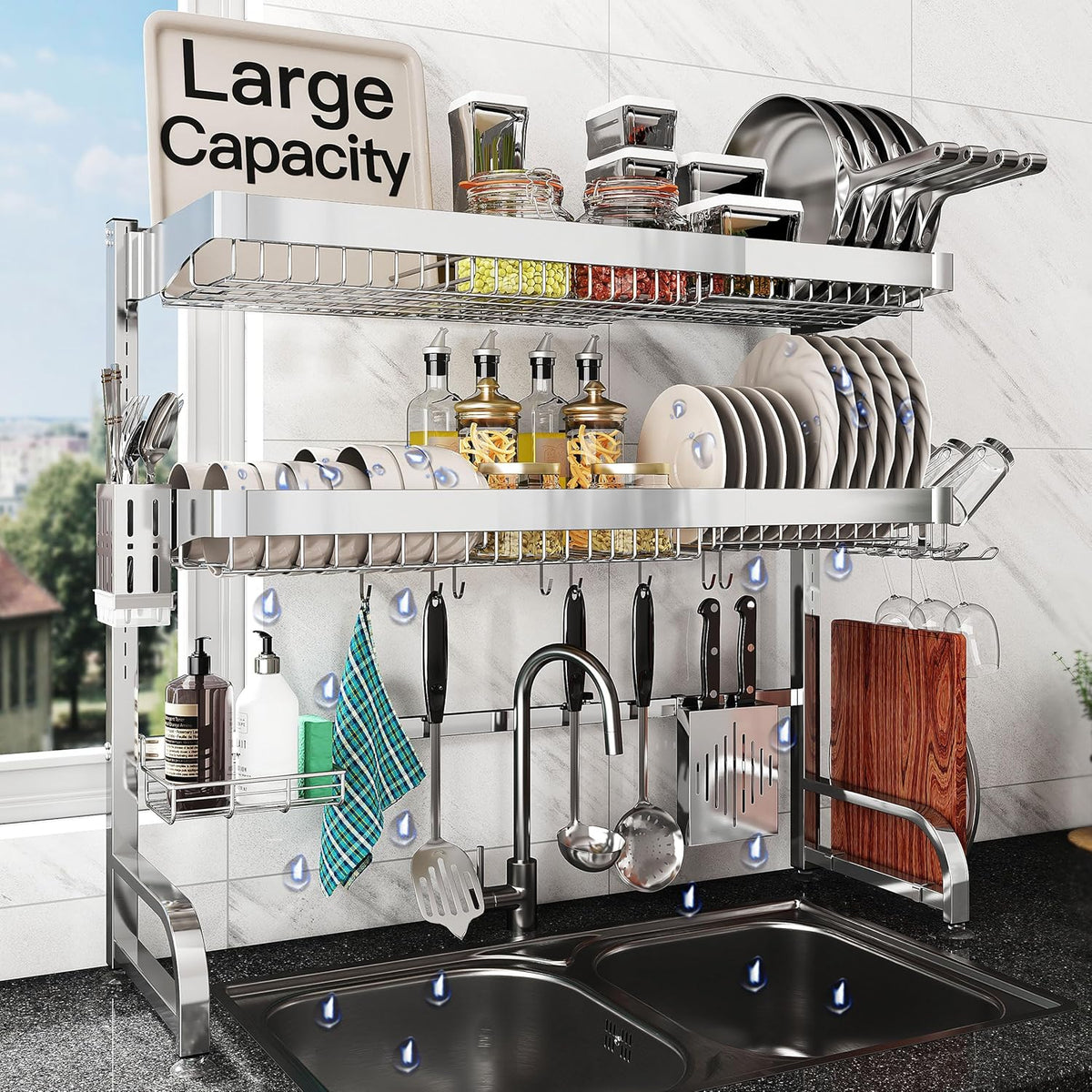 3 Tier Extra Large Stainless Steel Expandable Over The Sink Dish Drainer Drying Rack, Rust Proof