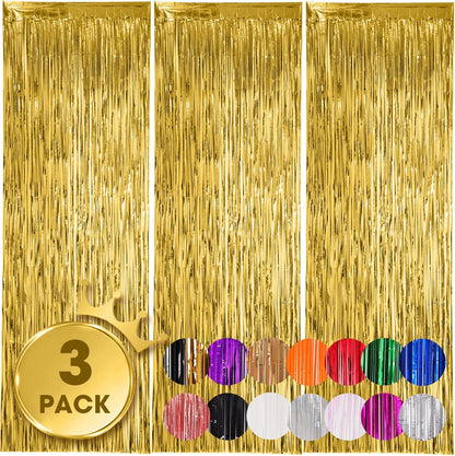 3 Pack 3.3x8.2 Feet Gold Foil Fringe Backdrop Curtains, Tinsel Streamers, Fringe Backdrop for 2025