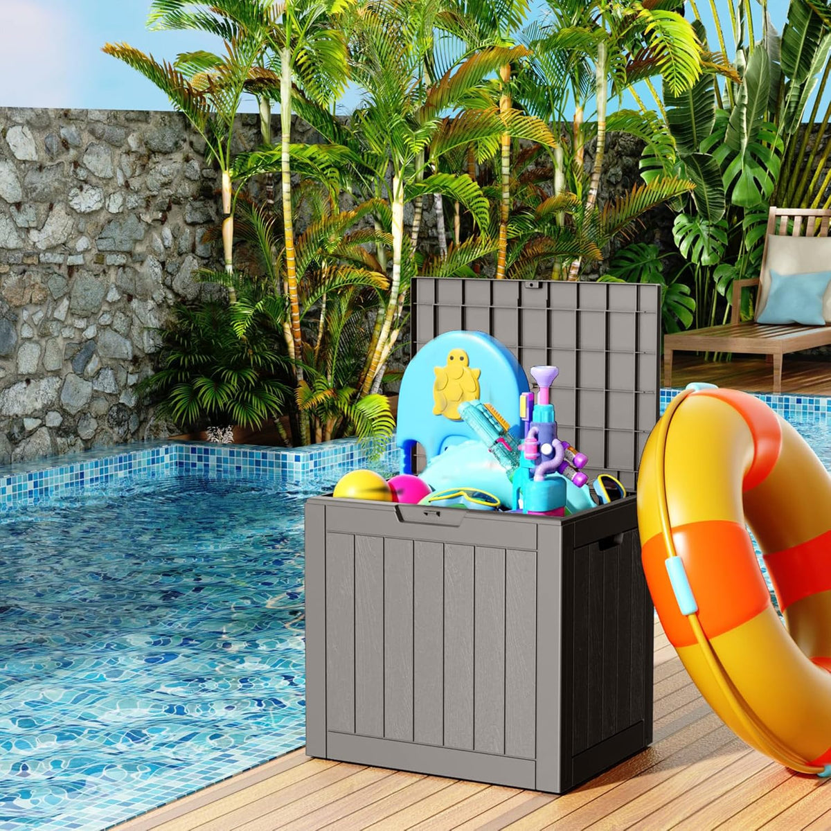 31 Gallon Resin Deck Box, Lockable Patio Outdoor Storage Box for Furniture, Garden Tools and Tools