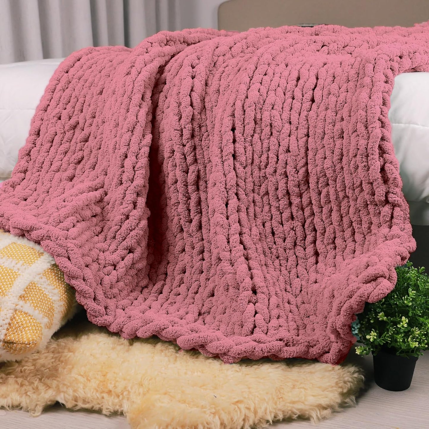 Carriediosa Chunky Knit Throw Blanket 50" X 60", 100% Hand Made Large Chenille Loop Yarn Soft