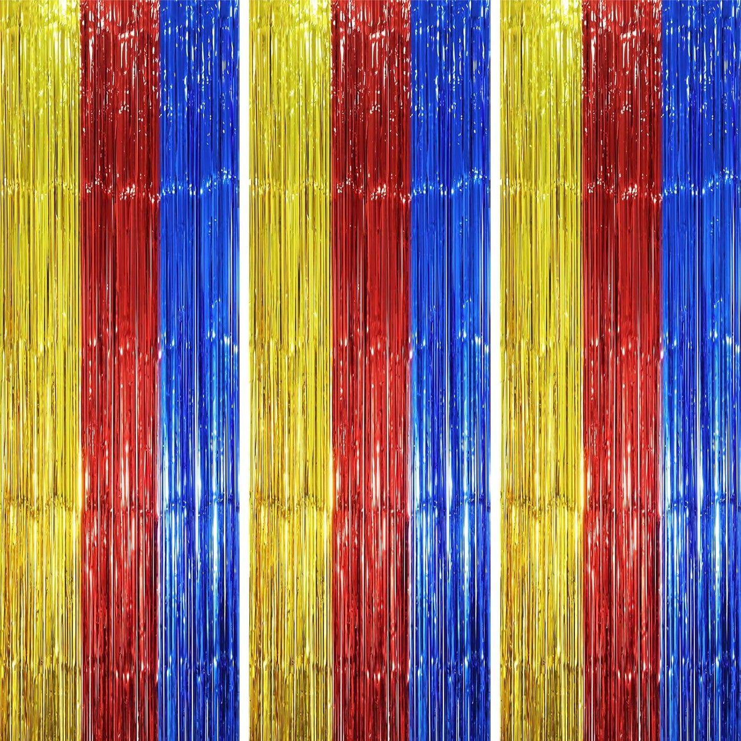3 Pack 3.3 x 8.2 ft Blue Red Gold Foil Fringe Backdrop Curtains, Tinsel Streamers Party