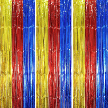 3 Pack 3.3 x 8.2 ft Blue Red Gold Foil Fringe Backdrop Curtains, Tinsel Streamers Party