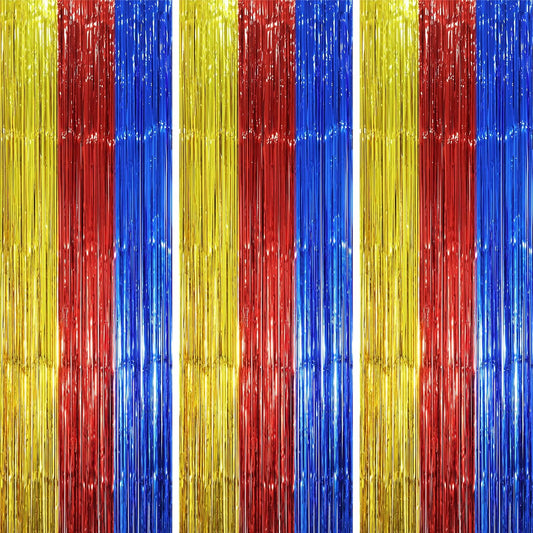 3 Pack 3.3 x 8.2 ft Blue Red Gold Foil Fringe Backdrop Curtains, Tinsel Streamers Party