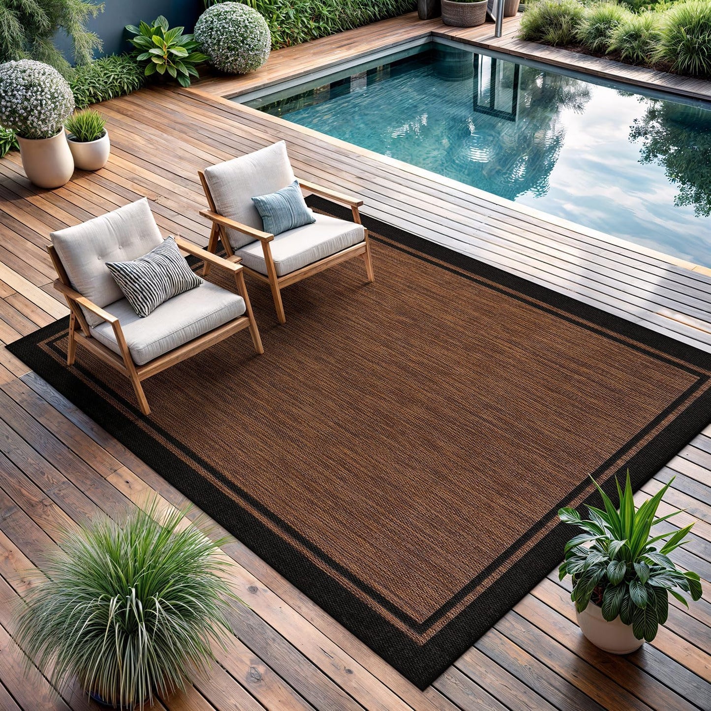 CAMILSON Indoor Outdoor Rug, 9x12 Bordered Nut Brown Black Modern Area Rugs for Indoor and Outdoor