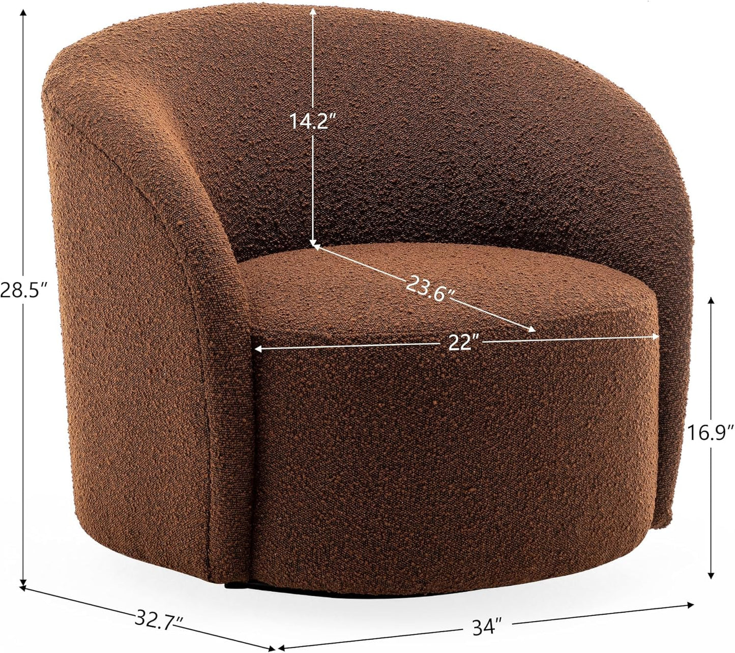 KINWELL 34" W Mid Century Modern Swivel Barrel Chair, Round Upholstered Boucle Swivel Accent