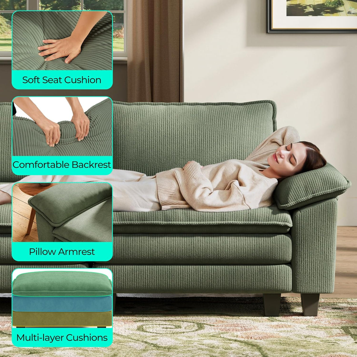 LINSY HOME Modular Sectional Sofa - 123'' Oversized Corduroy Cloud Couch L Shaped Couch with