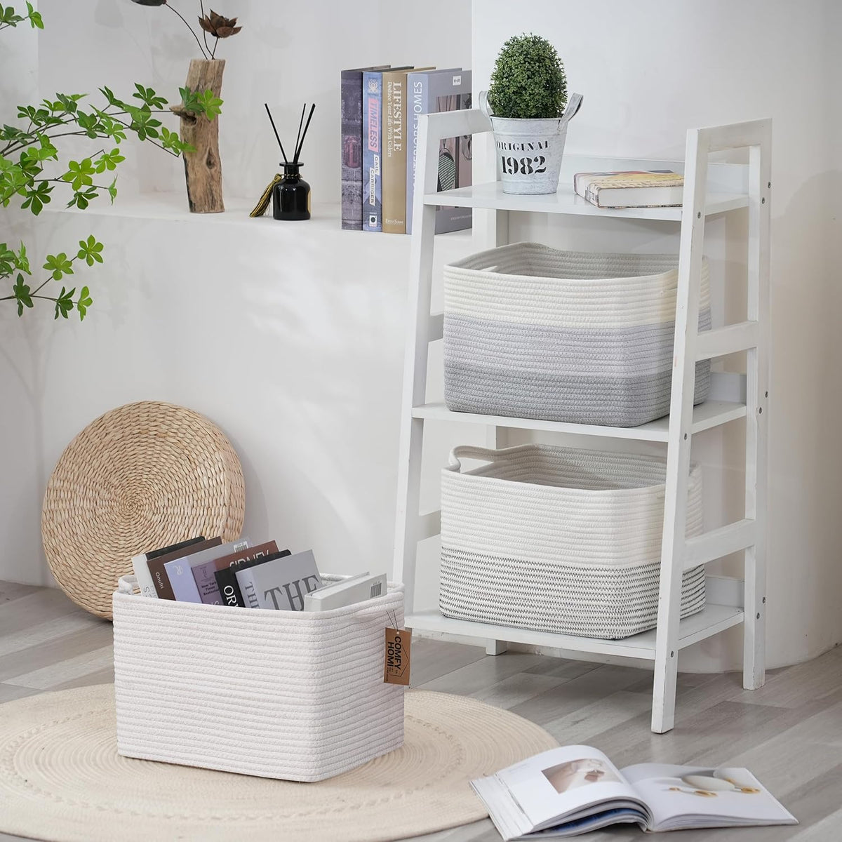 COMFY-HOMI Cotton Rope Woven Basket with Handles for Shelves,Toys,Book, Cloth Storage Baskets Bin