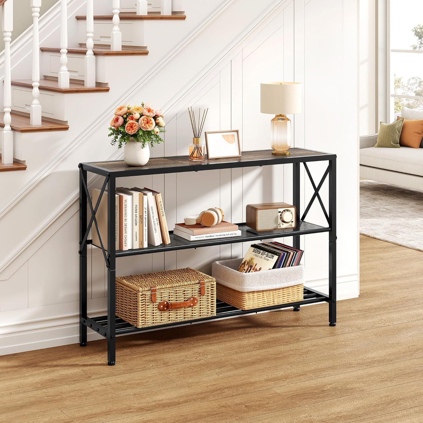 Hoctieon Industrial Console Table, 3 Tier Entryway Table, Hallway Table, Narrow Sofa Table with