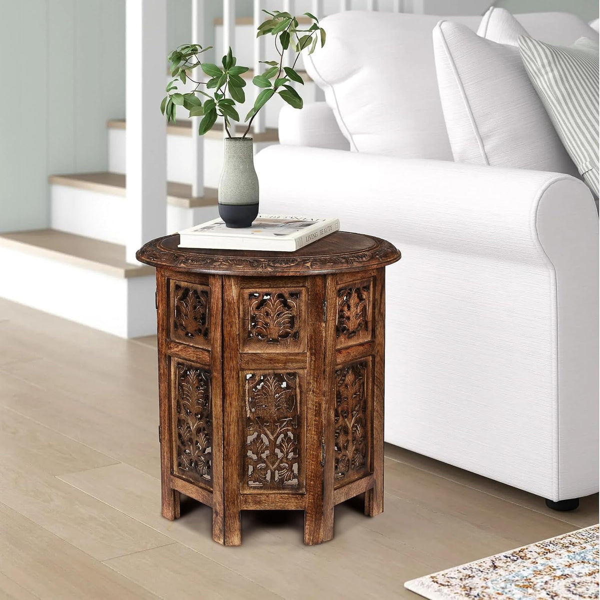 Lightnpro Handcrafted Wooden Round Accent Table - Vintage Farmhouse Octagonal Side End Table with