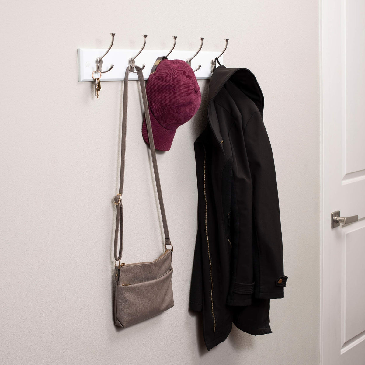 BIRDROCK HOME Tri Hook Coat Rack | 5 Hooks | Wall Mount Hat Rack | White Finish | Satin Nickel Hooks