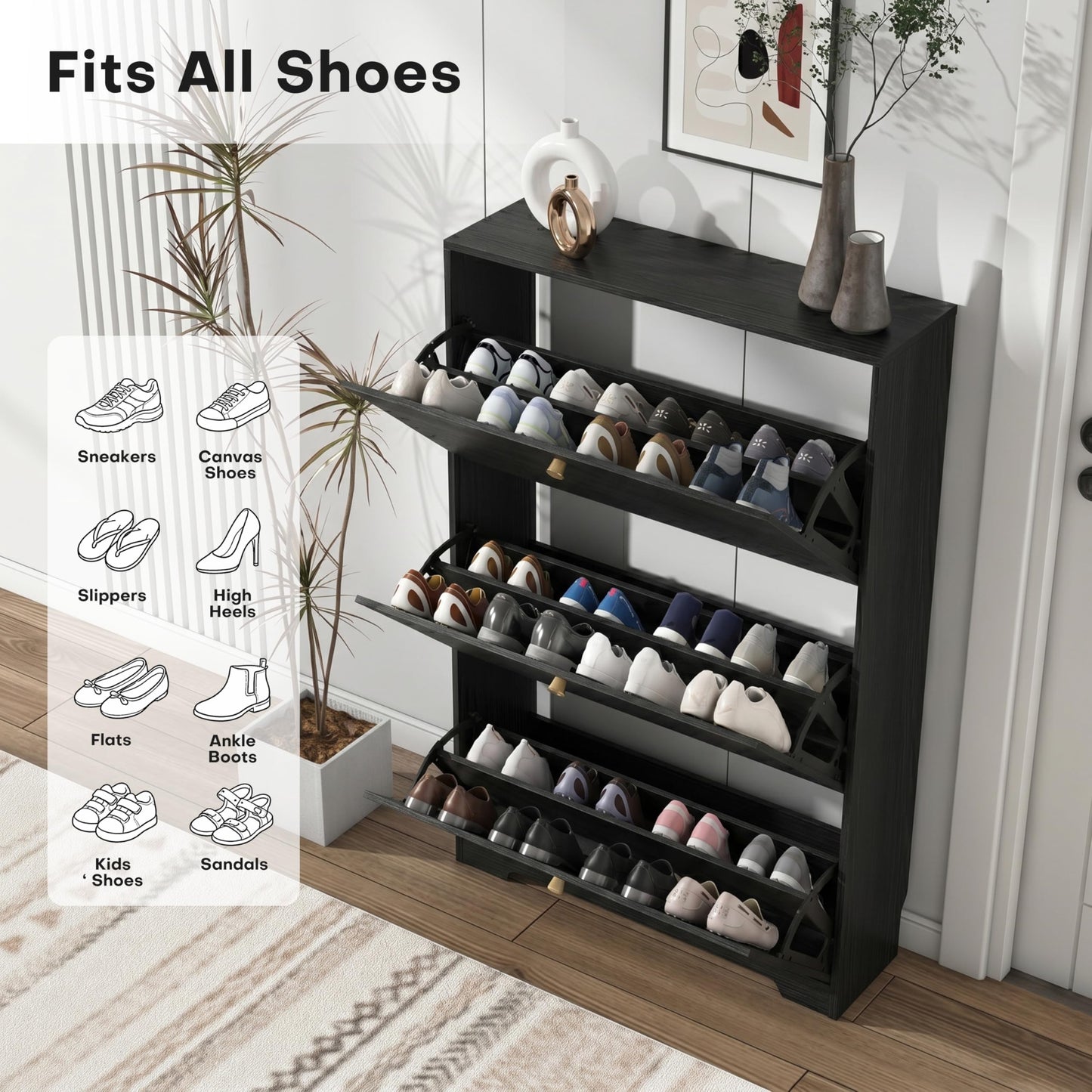 Nicetree Shoe Cabinet with 3 Flip Drawers, Entryway Shoes Organizer, Black
