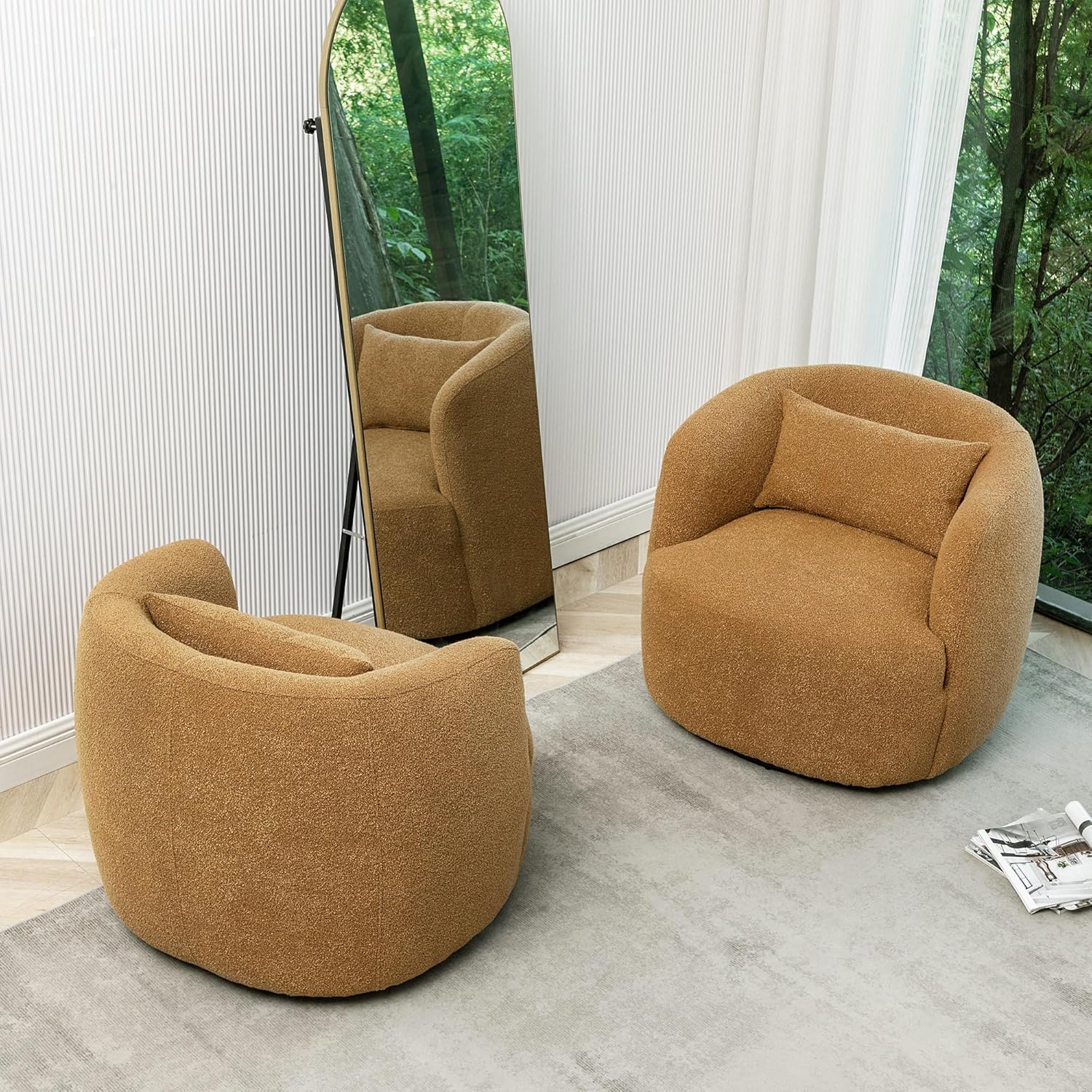 KINWELL 34" Wide Boucle Swivel Barrel Chairs Set of 2, No Assembly Round Upholstered Armchairs