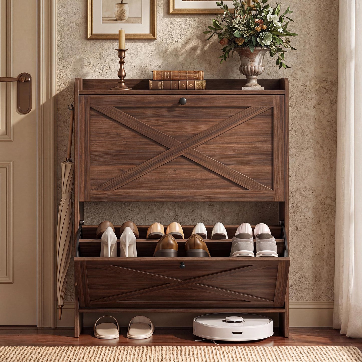 VASAGLE Shoe Storage Cabinet Organizer with 2 Flip Drawers, Freestanding Narrow Shoe Rack Cabinet