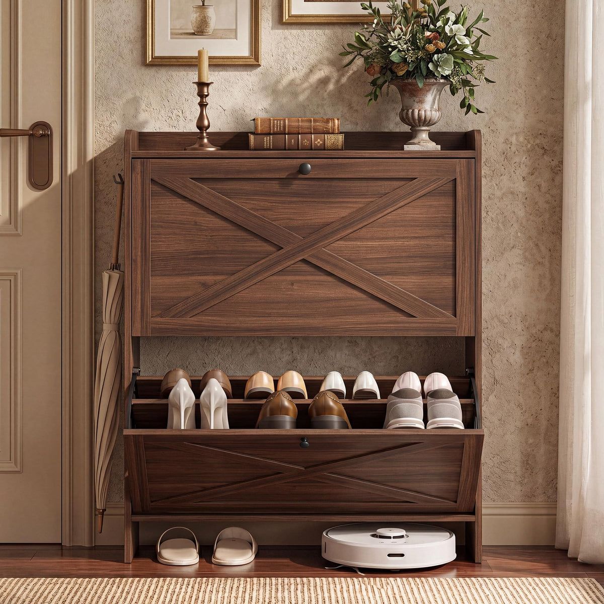 VASAGLE Shoe Storage Cabinet Organizer with 2 Flip Drawers, Freestanding Narrow Shoe Rack Cabinet