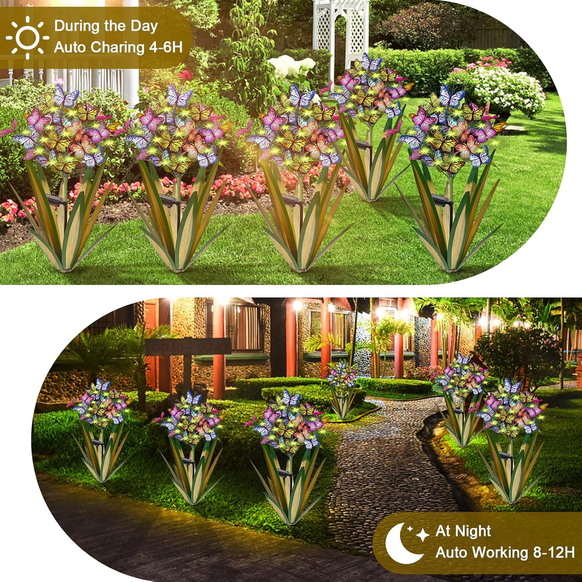 Solar Metal Agave Butterfly Flower Stick Garden Sculpture - Outdoor Gift, Christmas Lights, Swaying