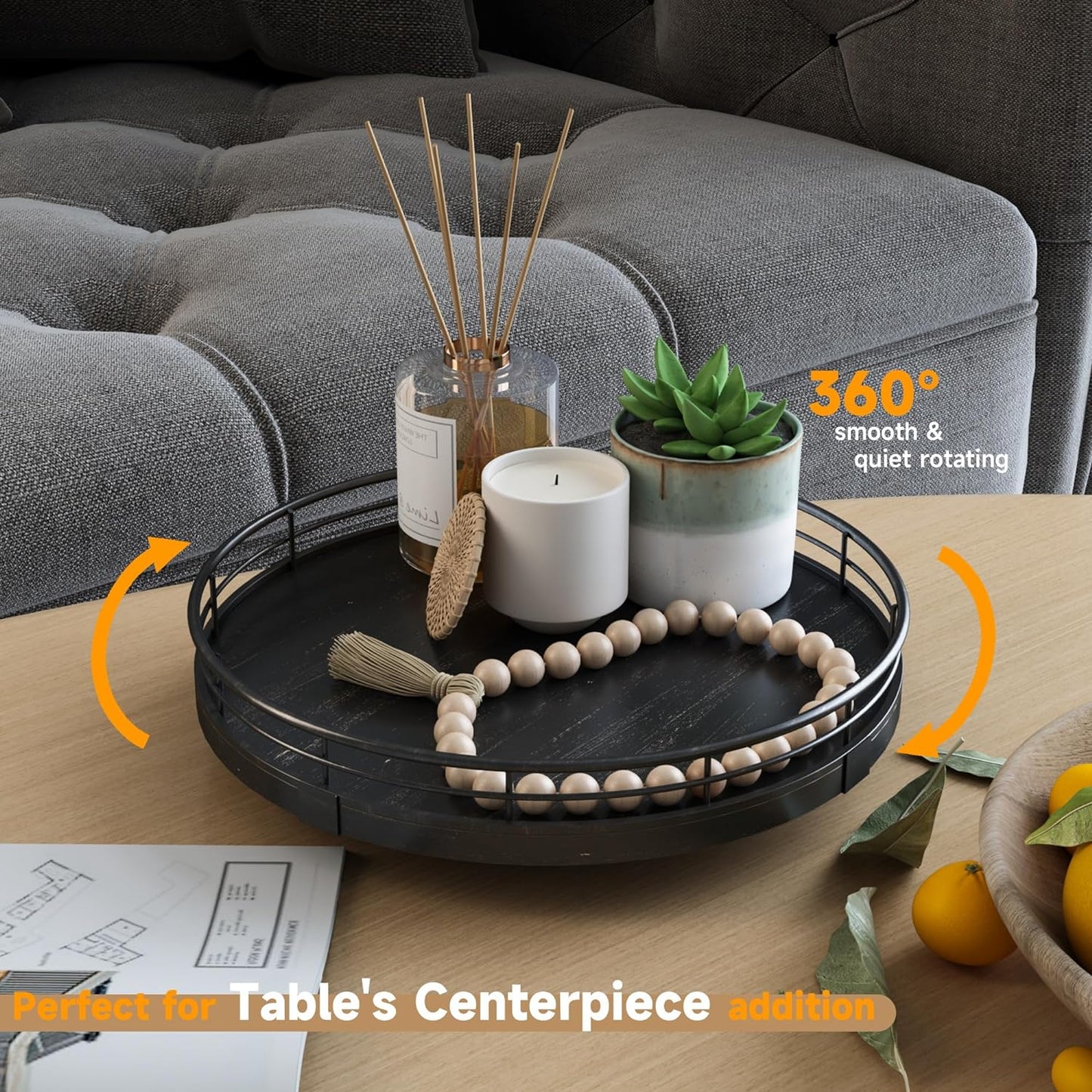 9" Oak Bathroom Vanity Tray Turntable for Perfume Candle, Round Wooden Decorative Tray for Kitchen