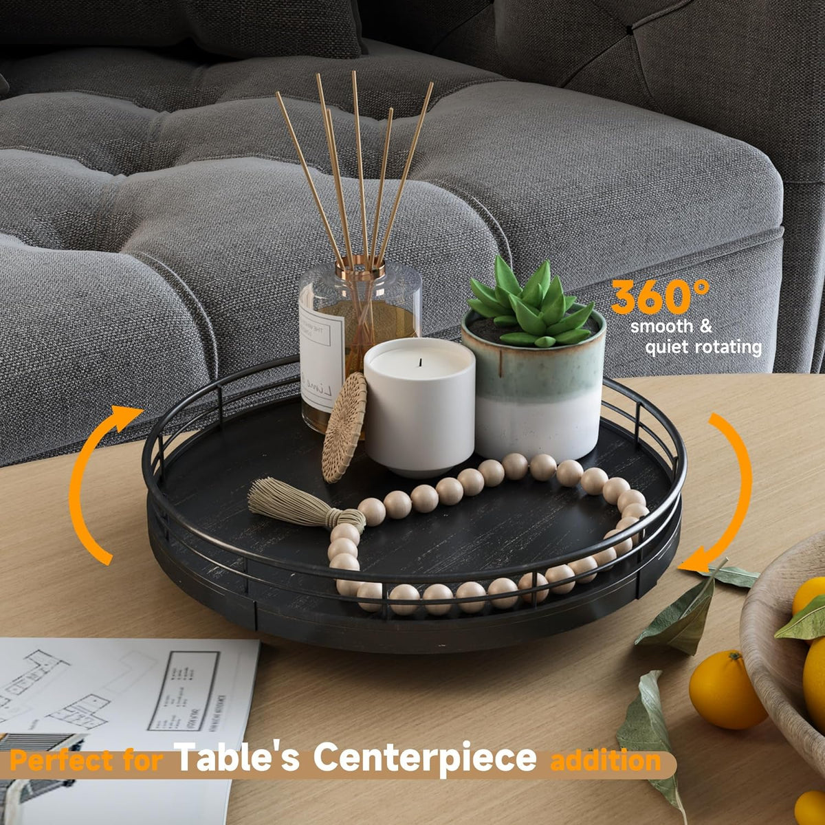 9" Oak Bathroom Vanity Tray Turntable for Perfume Candle, Round Wooden Decorative Tray for Kitchen
