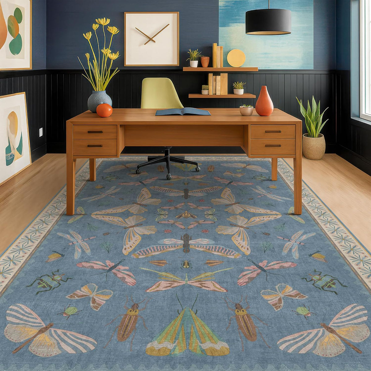 6x9 Blue Floral Rug for Dining Room Table - Area Rugs for Living Room, Bedroom, Insect Moth Art