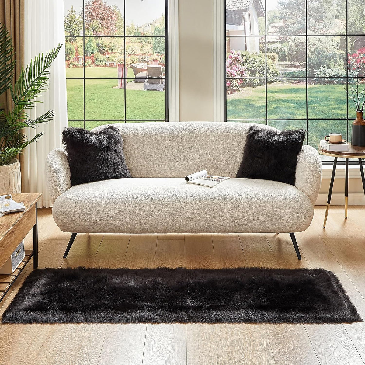 AMTOVO Faux Fur Rug, Black Ultra Soft Fluffy Shag Sheepskin Rug, 2 x 6 ft Runner Area Rugs for