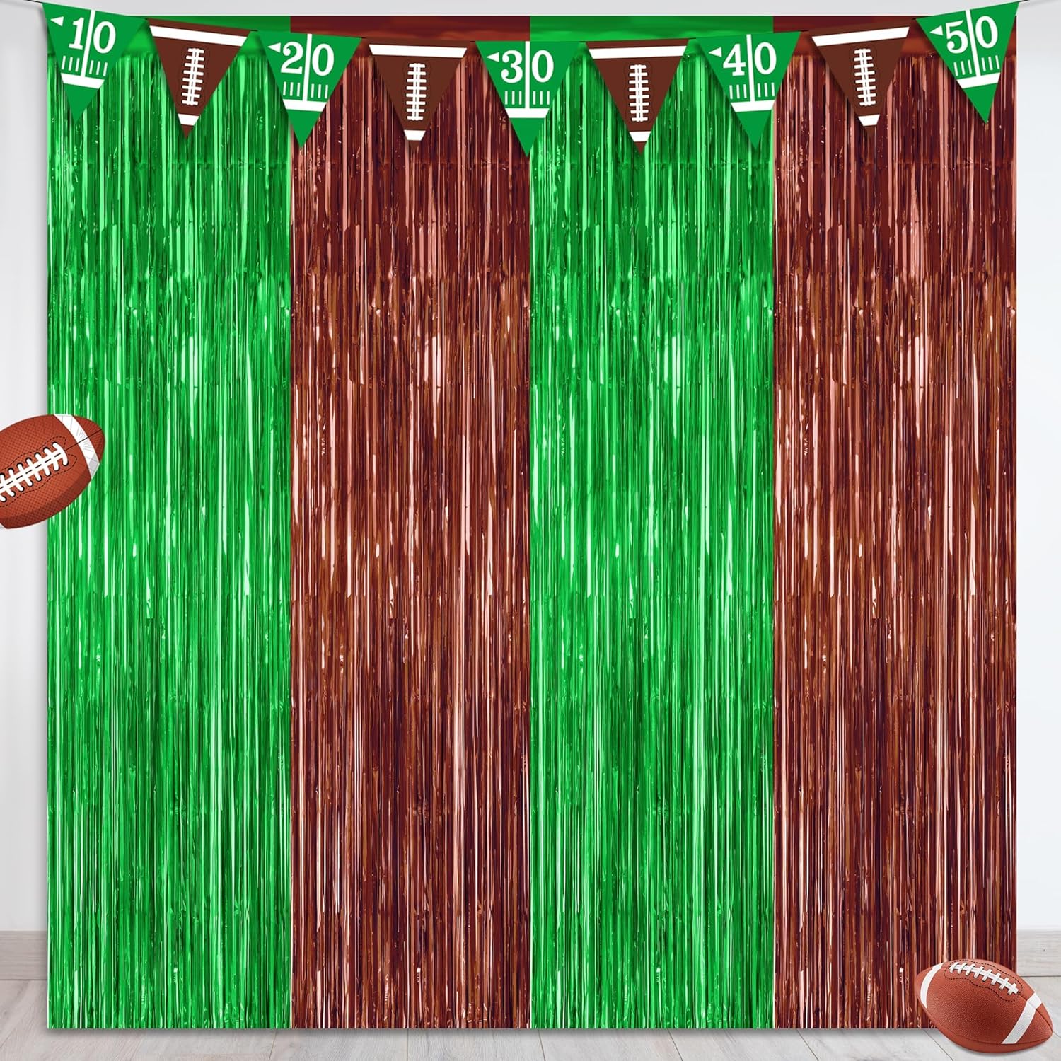 2 Pack Football Party Decorations, 3.28 FT x 7.05 FT Tinsel Backdrop, Brown Green Foil Fringe
