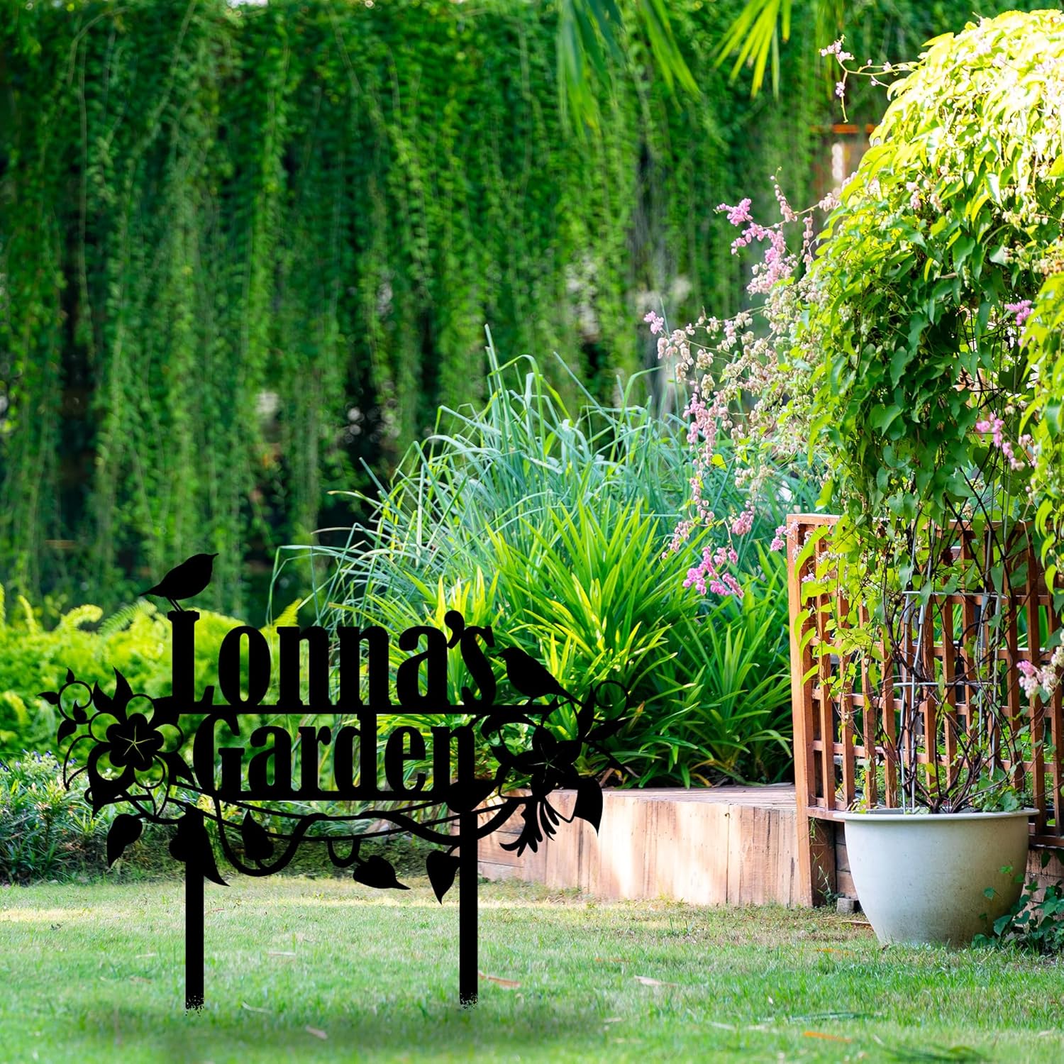 Personalized Flower and Bird Metal Garden Stake, Bird Garden Sign, Custom Flower Yard Decor, Mom's